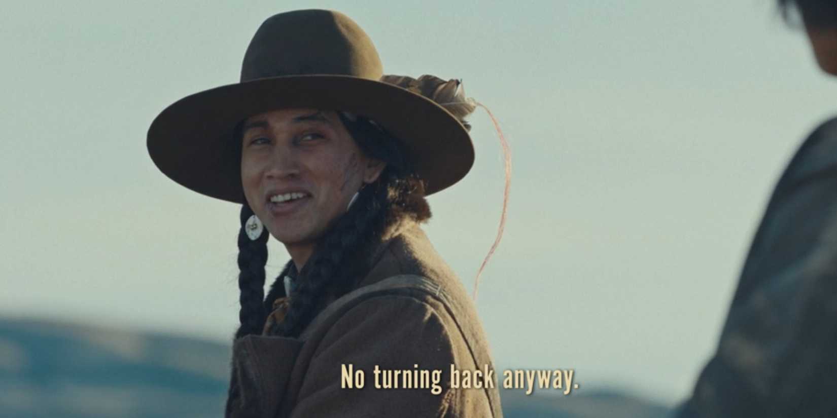 Pete Plenty Clouds (Cole Brings Plenty) smiling with the subtitle "No turning back anyway." in 1923 season 1, episode 8