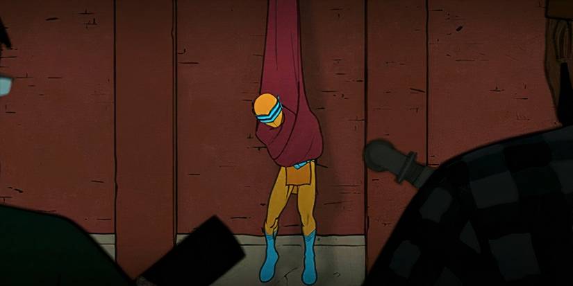 Peter Parker in one of Norman Osborn's prototype suits stuck in his cape in Your Friendly Neighborhood Spider-Man (2025) episode 4