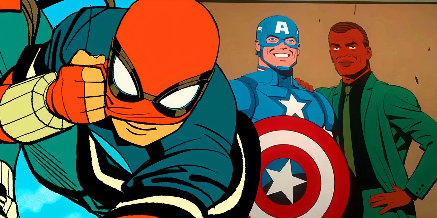 Peter Parker in Your Friendly Neighborhood Spider-Man with a photo of Captain America and Norman Osborn