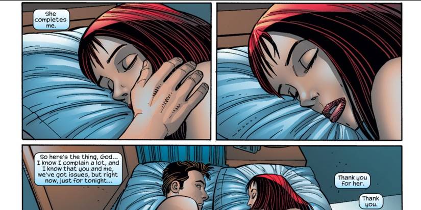 Peter Parker thanks God for Mary-Jane Watson while sleeping beside her in The Amazing Spider-Man #53
