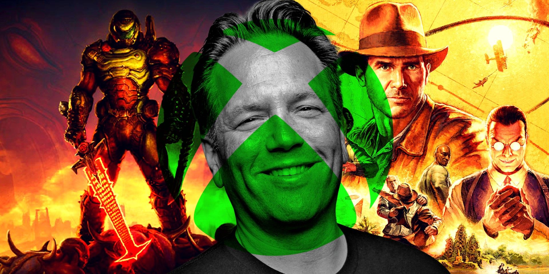 phil-spencer-xbox-indiana-jones-and-doom-with-the-xbox-logo-over-the-face-1 Xbox anuncia seu "Usando ai para melhorar as coisas" com o modelo generativo de IA, e os fãs não estão felizes