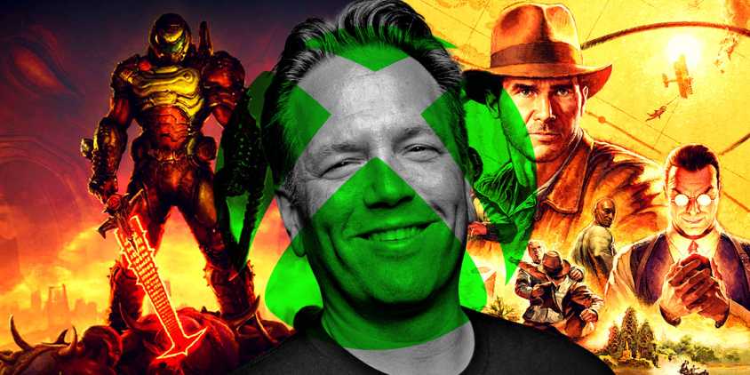 Phil Spencer Xbox indiana jones and doom with the xbox logo over the face-1