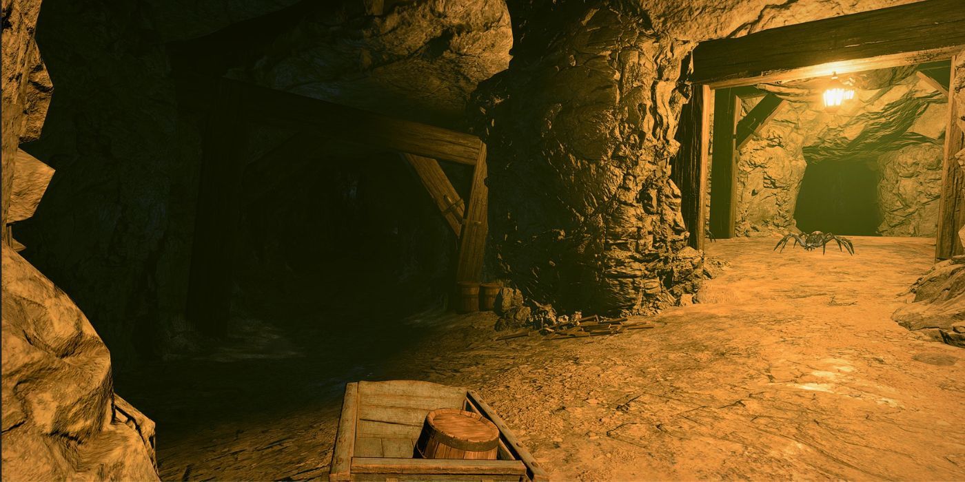 A well-lit cave with a massive spider in Baldur's Gate 3's Forsaken mod
