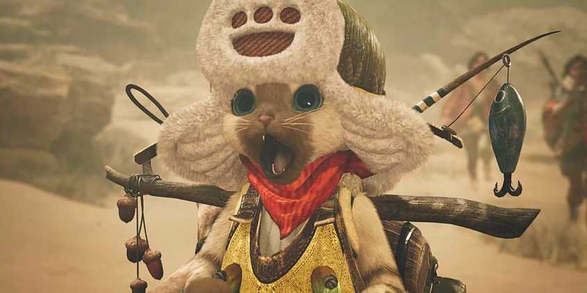 A Palico carrying a backpack in Monster Hunter Wilds looking really shocked.