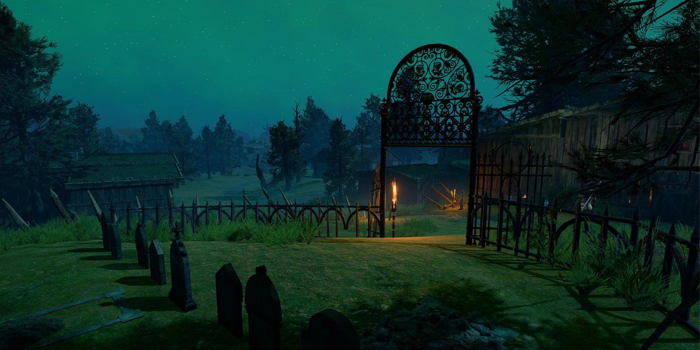 A dark graveyard with an iron arch and a wooden fence in the Baldur's Gate 3 mod Forsaken