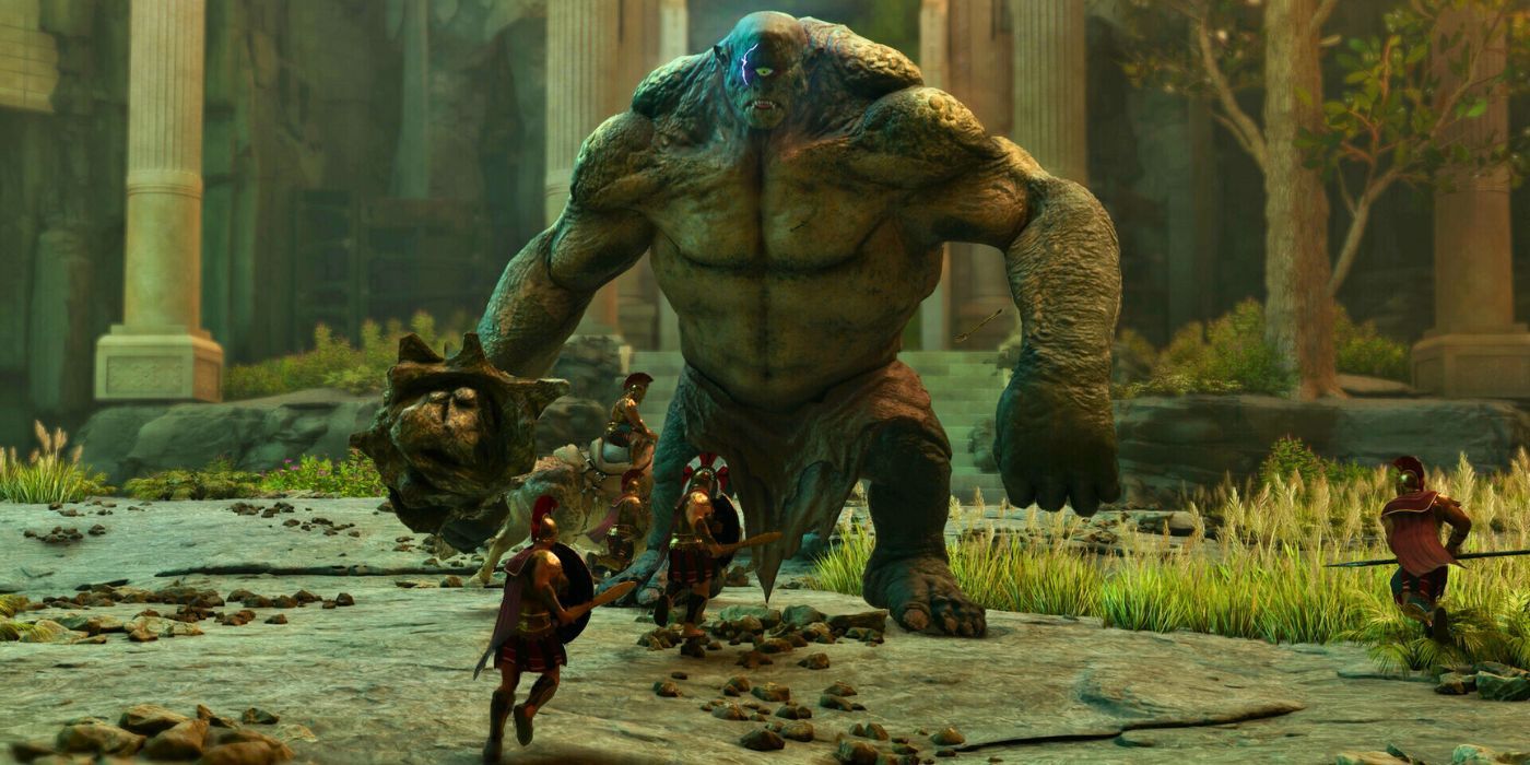 A group of Spartan warriors charges a Cyclops in the Astraeos mod for Ark: Survival Ascended