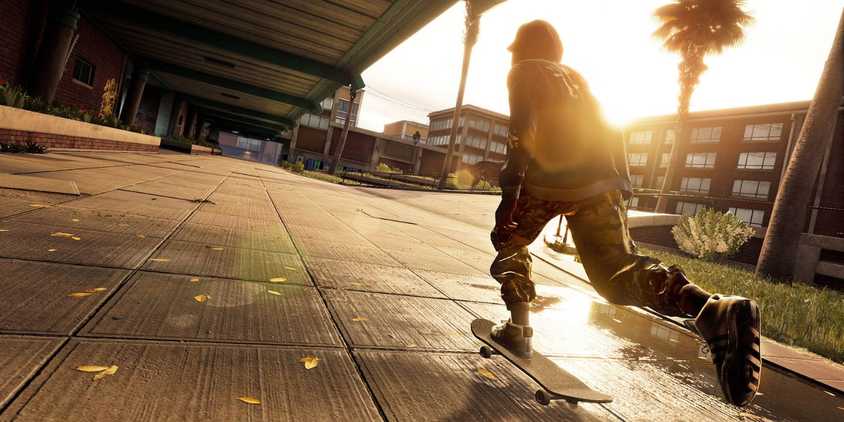 A skater pushing down an empty sidewalk in Tony Hawk's Pro Skater 1+2