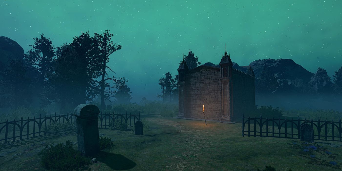 An eerie cemetery with an imposing tomb in Baldur's Gate 3's Forsaken mod