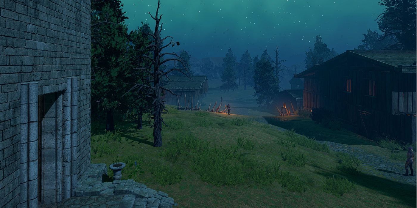 A gloomy castle wall looking out onto a green field in the Baldur's Gate 3 Forsaken mod