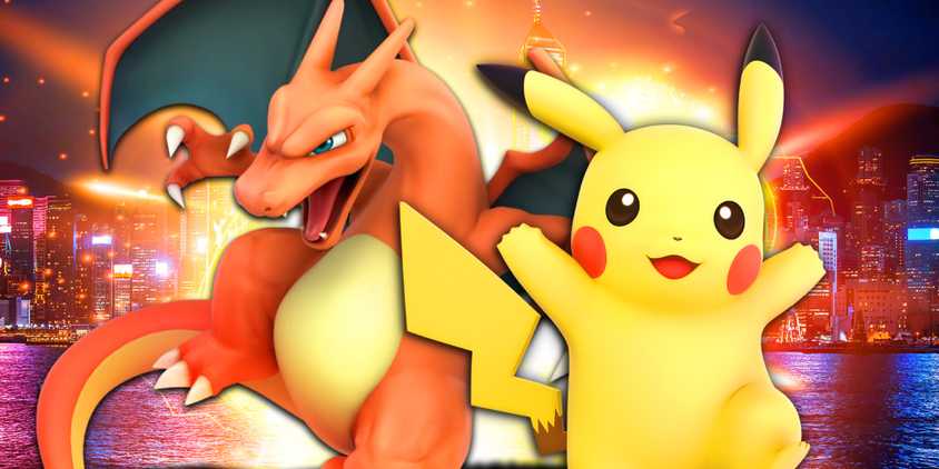 Pikachu and Charizard in front of Hong Kong.