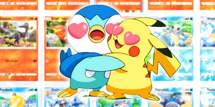 Pikachu and piplup hugging with heart eyes with a pokemon tcg pocket pokedex in the background