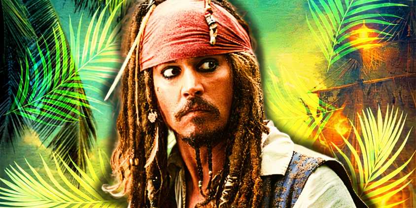 Johnny Depp as Captain Jack Sparrow in front of a grainy tropical background