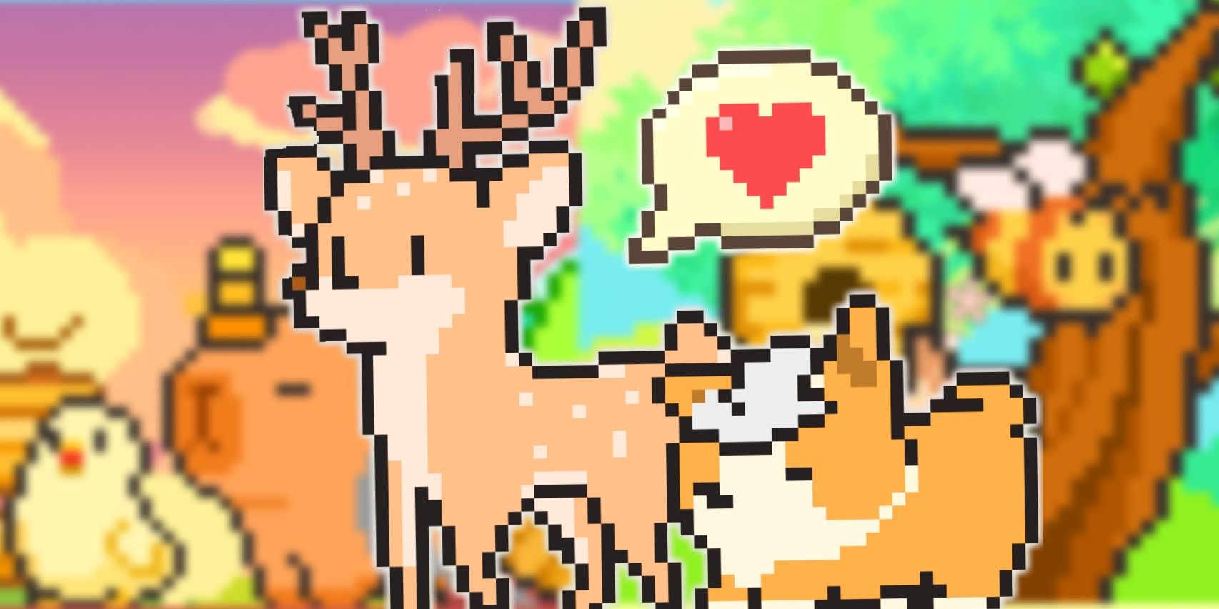 pixel art desktop idle game tiny pasture deer and corgi in front of other animals