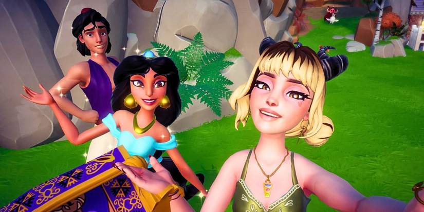 Player with Aladdin, Jasmine, and the magic carpet in Disney Dreamlight Valley