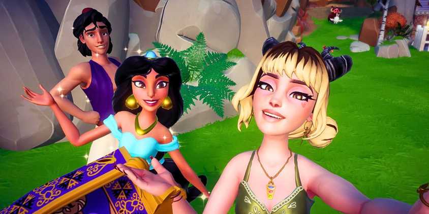 Player with Aladdin, Jasmine, and the magic carpet in Disney Dreamlight Valley