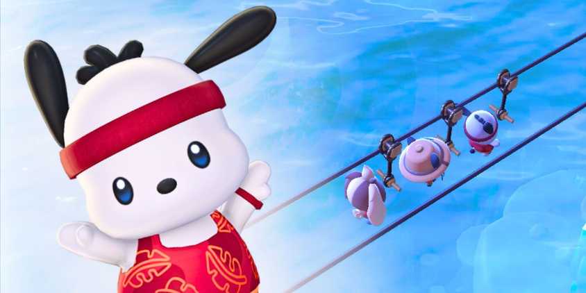 Pochacco over a background of residents ziplining in Hello Kitty Island Adventure