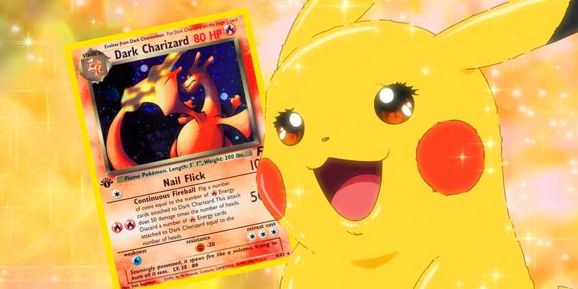 An excited Pikachu with a Dark Charizard card from the Pokémon Trading Card Game.
