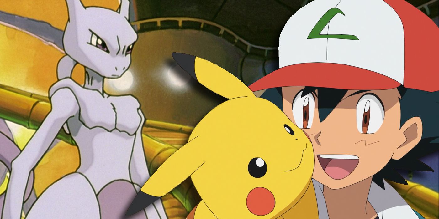 Ash and Pikachu in front of Mewtwo in his castle.
