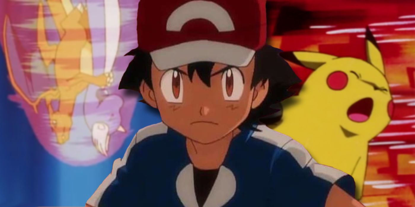 Pokemon&rsquo;s Ash looking determined, flanked by Charizard and Pikachu struggling in battle.