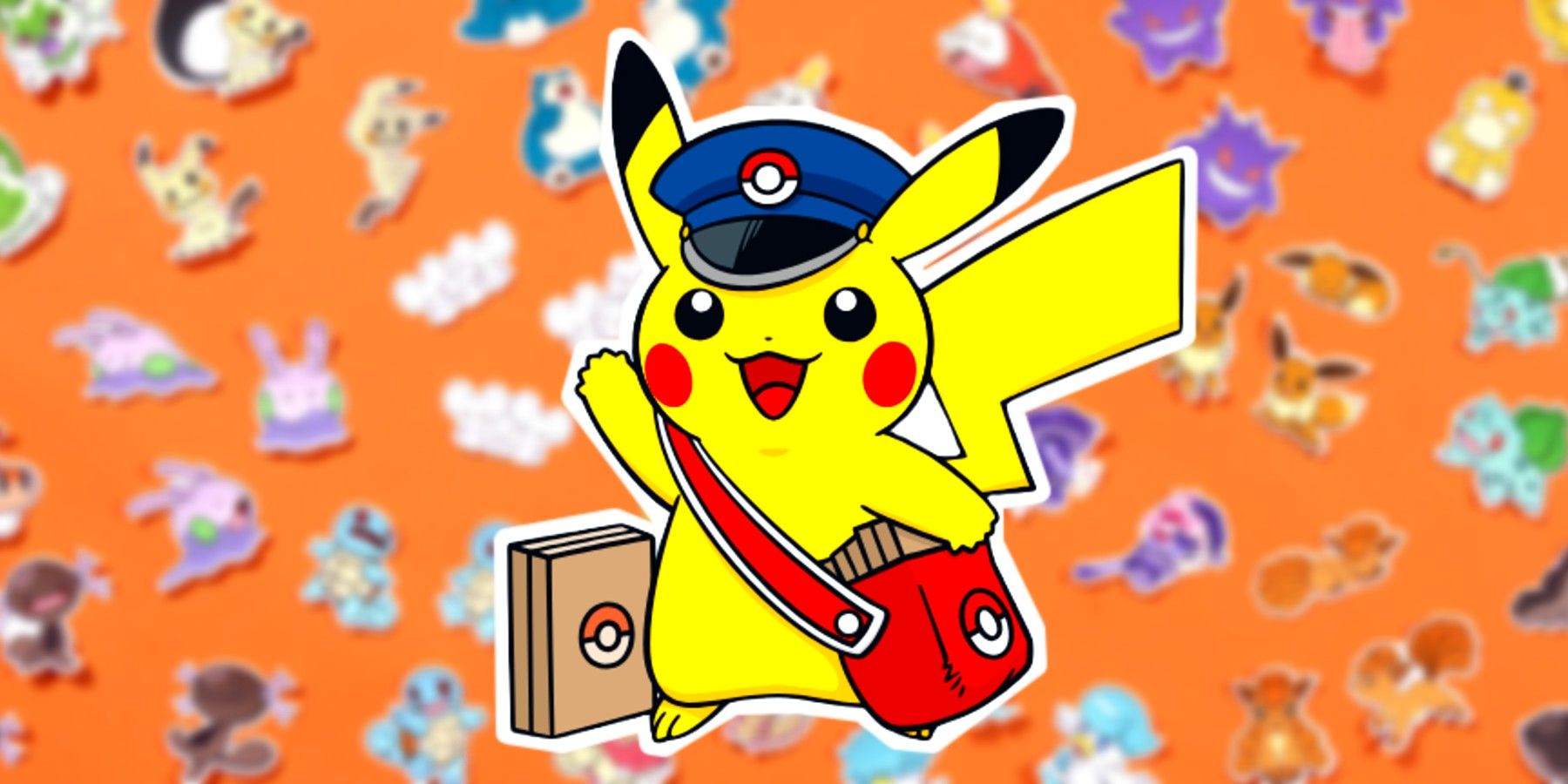 Pokemon center pikachu with a mail bag over a background of pokemon stickers