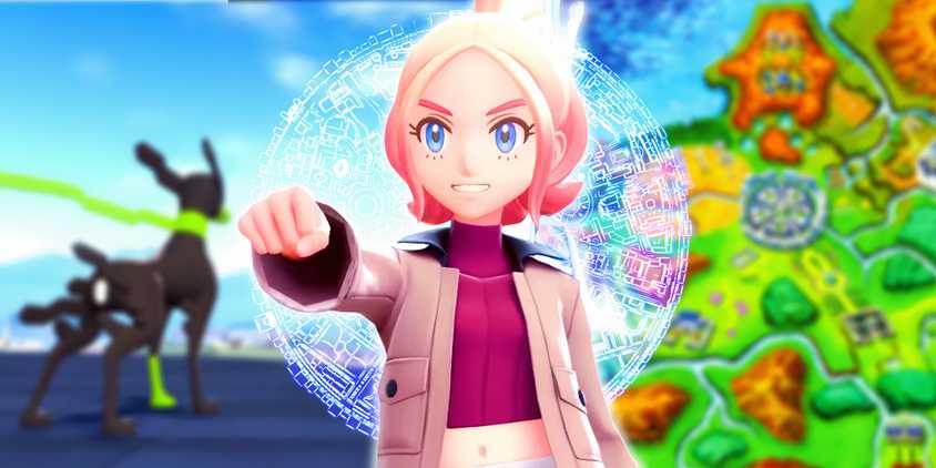 Pokemon character making a fist in pokemon legends za map and zygrade behind him