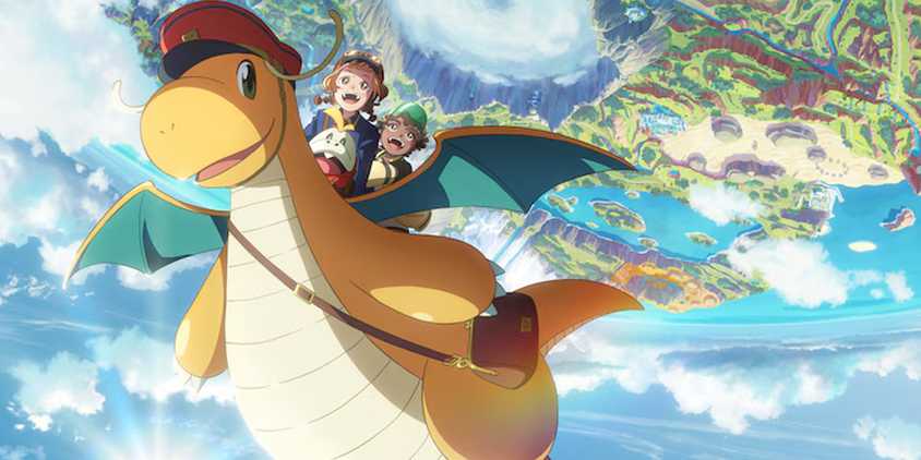 Image of children riding Dragonite from the newly announced anime.