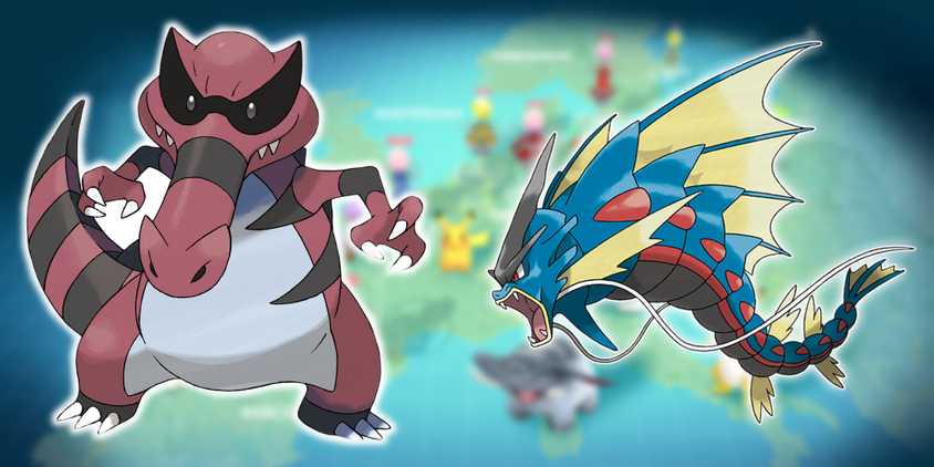 Pokemon GO Mega Gyarados and krookodile over blurred image of world of Pokemon