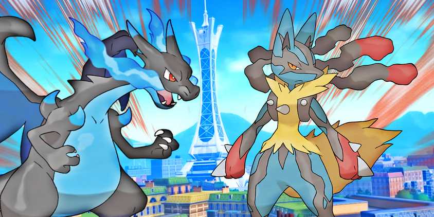 Pokemon Legends Z-A's Mega Charizard and Mega Lucario stand in Lumiose City.