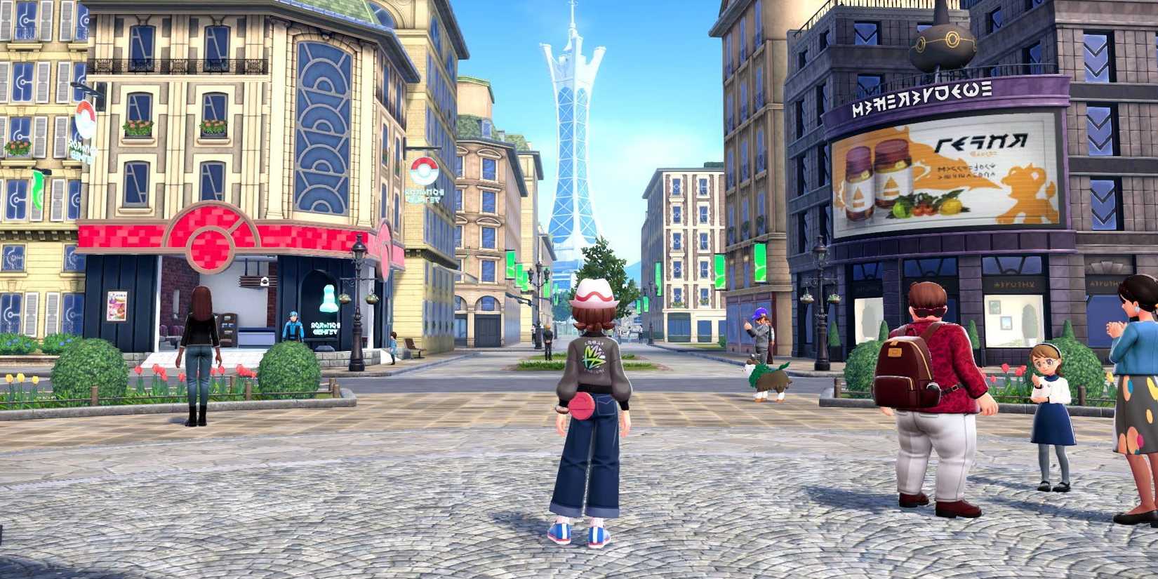 The trainer explores Lumiose City in Pokémon Legends: Z-A. Several other citizens can be seen walking across the city center or conversing with one another.
