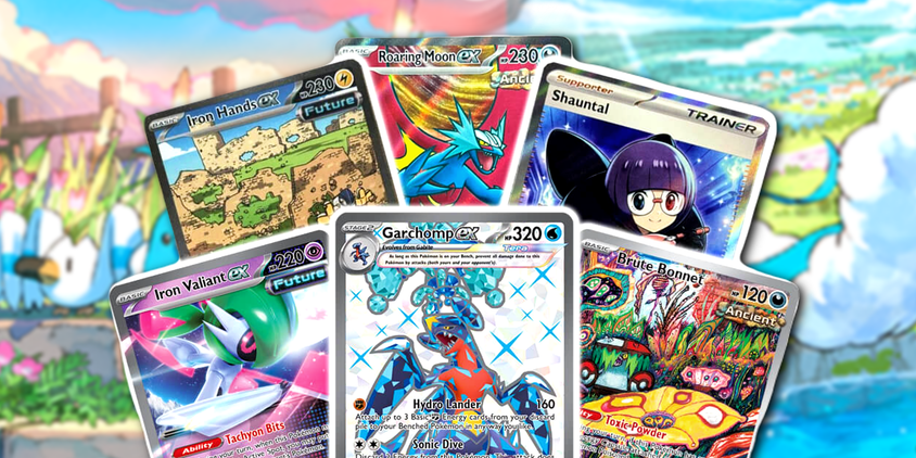 Pokemon paradox rift cards over closeups of swablu and altaria cards from paradox rift