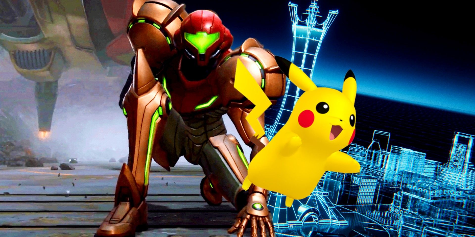 pokemon pikachu and metroid samus in front of their respective game screenshots'