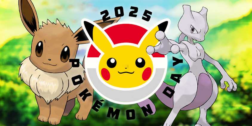 Pokemon Day logo in between an Eevee on the left and a Mewtwo on the right.