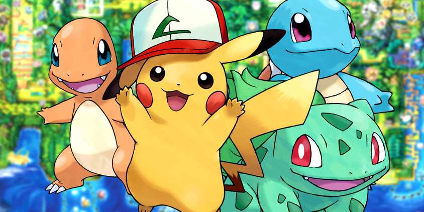 Pokémon's Gen 1 starters, Pikachu, Charmander, Squirtle, and Bulbasaur, in front of a map of Santo.
