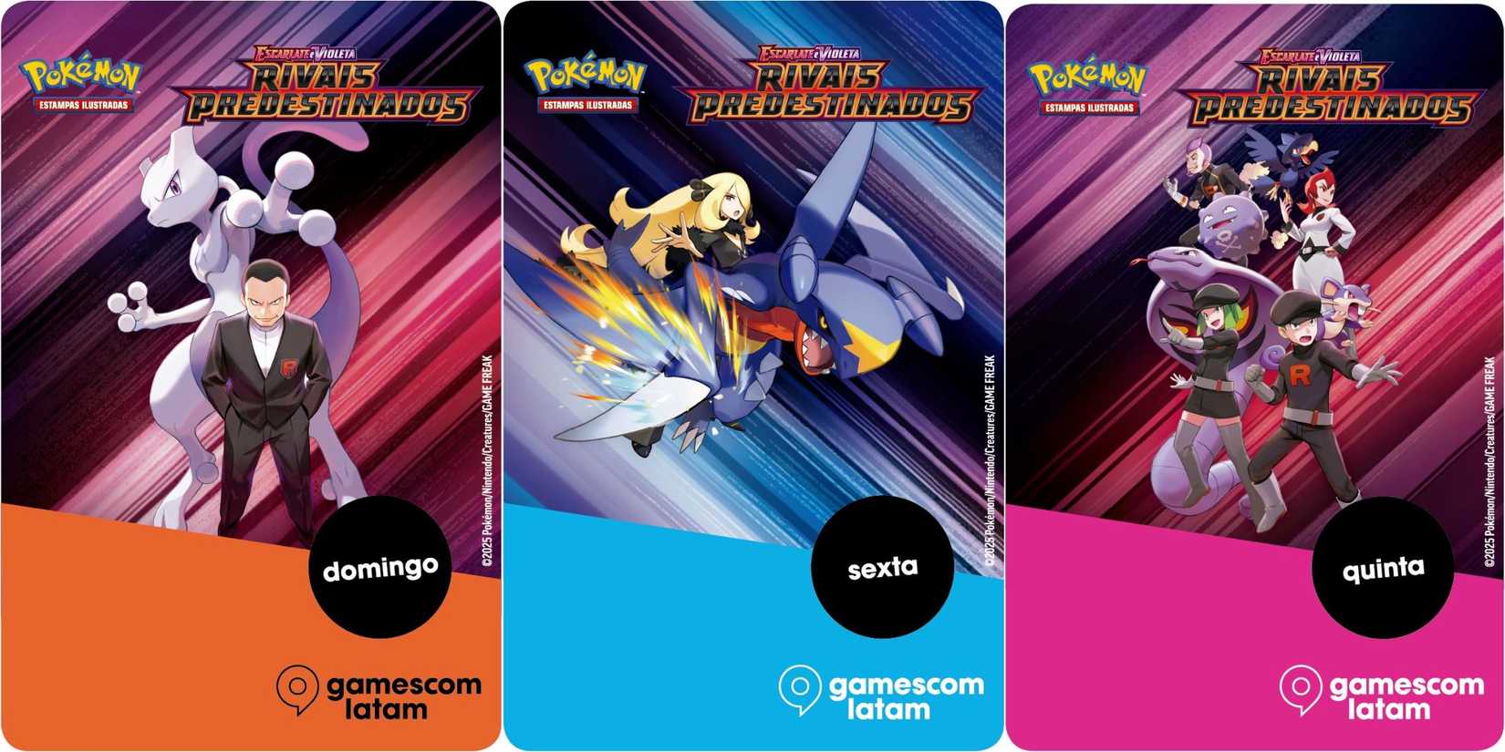 Pokemon tcg artwork for Destined Rivals on badges for Latin America Gamescom
