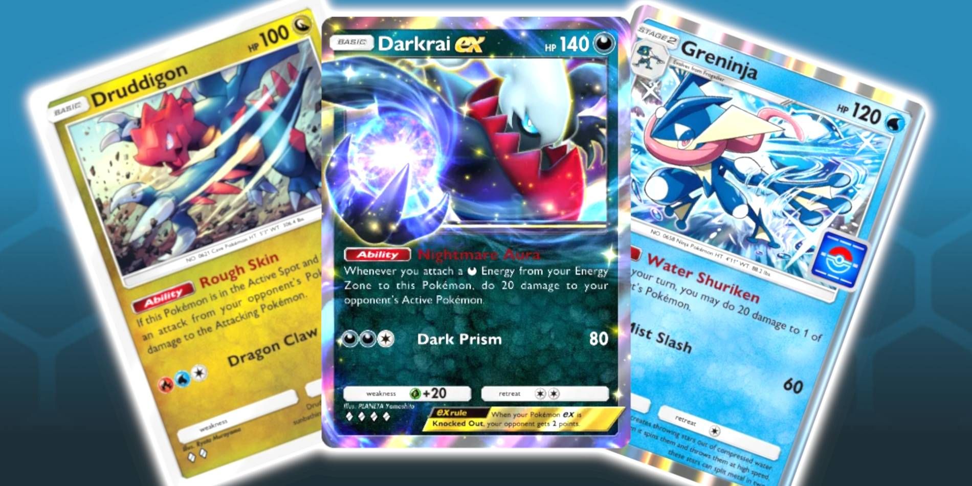 Pokémon TCG Pocket Darkrai Ex, Greninja e Druddigon Cartões juntos em um baralho