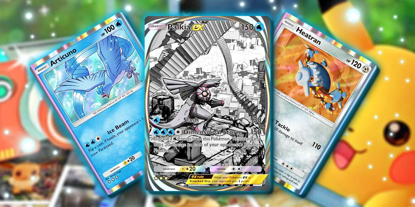 Pokemon TCG Pocket's Articuno, Palkia EX, and Heatran cards are piled up.