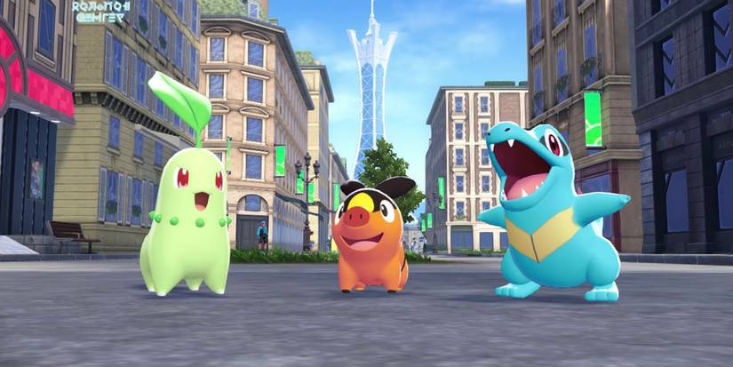 Pokémon Legends: Z-A's starter Pokémon, Chikorita, Tepig and Totodile, posing in a line.