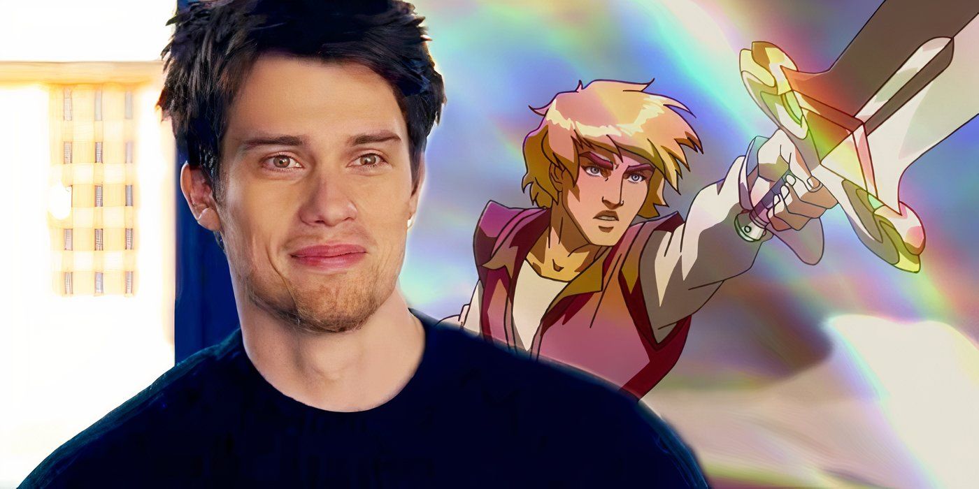 Prince Adam summoning the power of He-Man in Masters of the Universe and Nicholas Galitzine smiling in The Idea of You