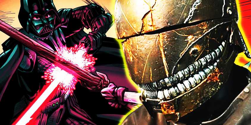 Qimir's helmet next to Vader geting cut by a vibrosword