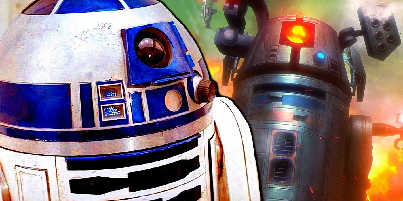 R2-D2 to the left looking at BT-1shooting off his weapons to the right