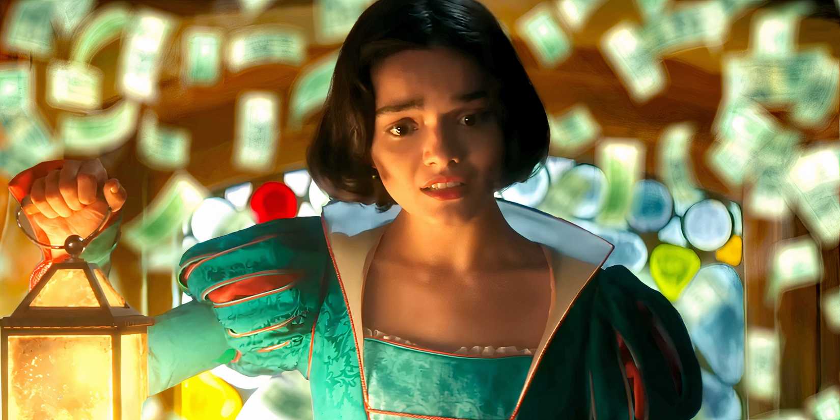 Rachel Zegler's Snow White looking worried and holding a lantern with cash falling behind her in Snow White