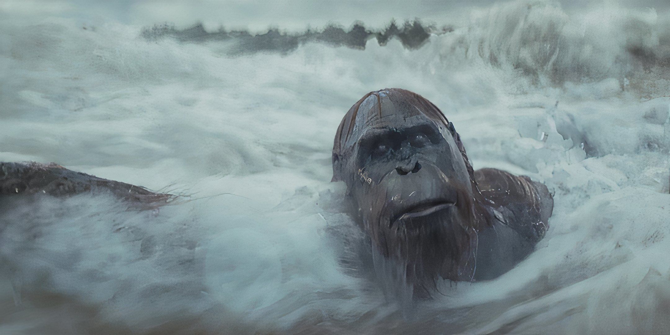 Raka holding on to the net while in the river in Kingdom of the Planet of the Apes