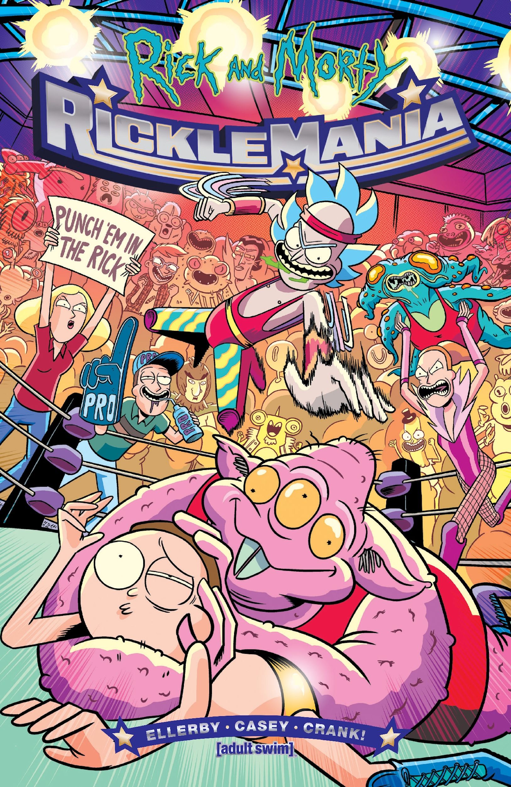 Marty being put in a submission hold by an alien as Rick leaps into the wrestling ring.