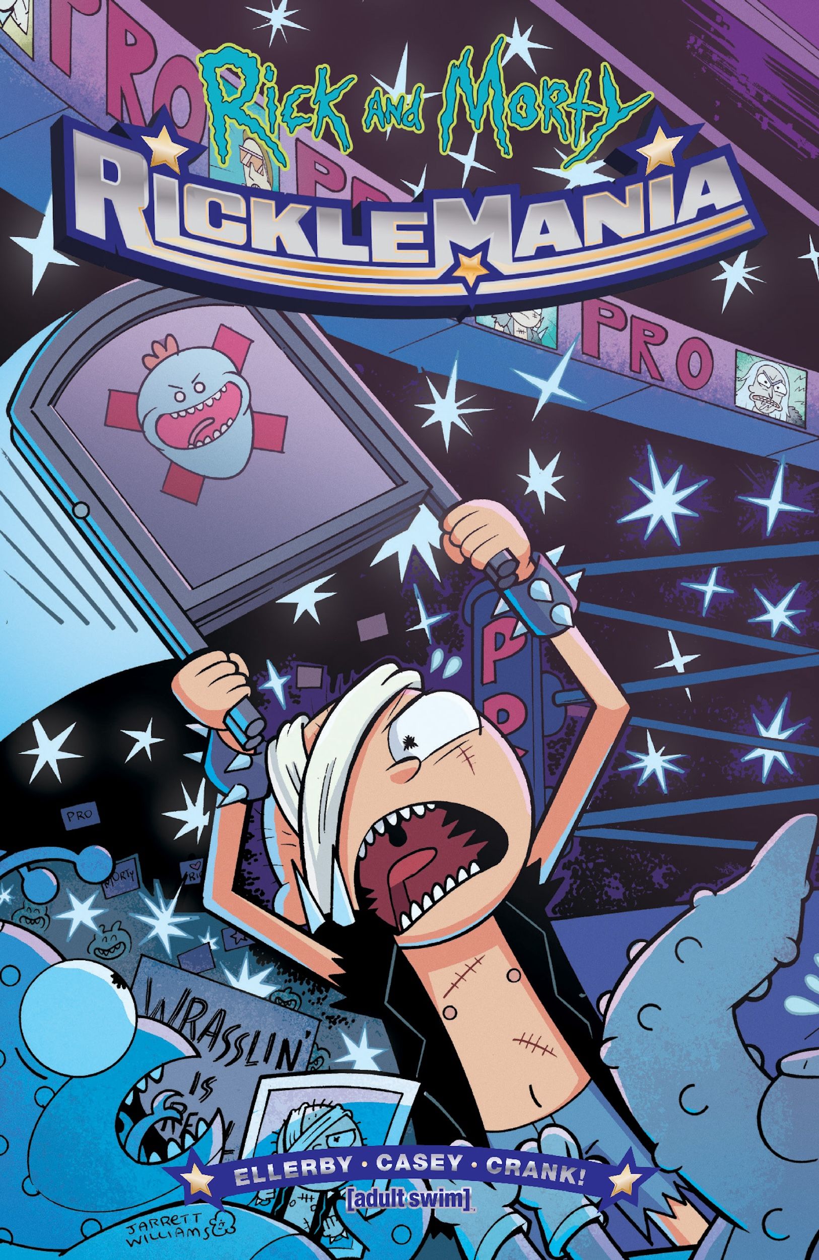 Ricky & Morty "Ricklemania" cover, Morty holding up a steel chair outside of a wrestling ring & screaming.