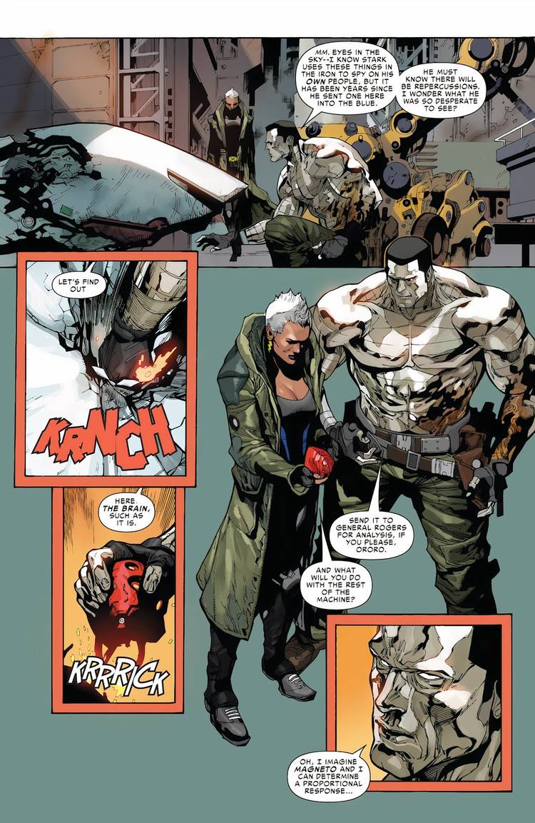 Rusted Colossus talks to Storm as Colossus punches something