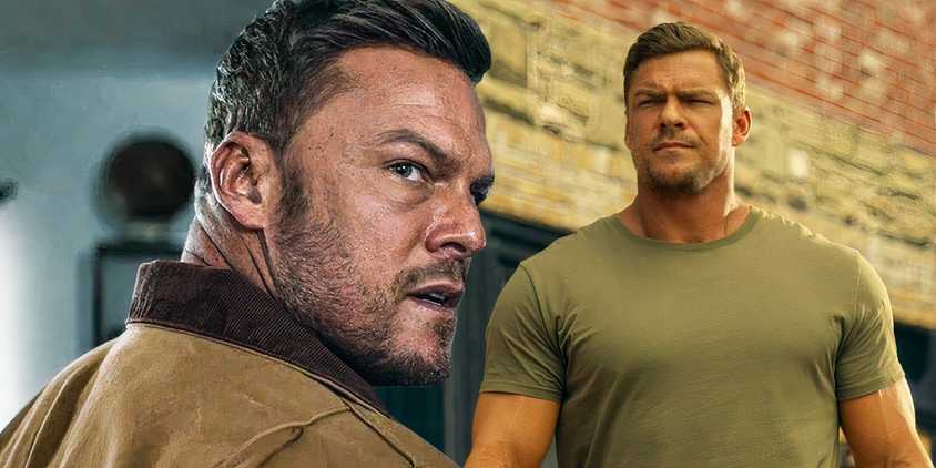 A composite image of Jack Reacher looking over his shoulder in front of Reacher walking down the street angrily in Reacher