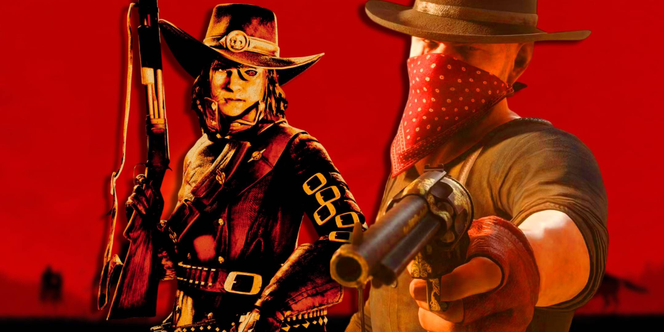 Art of a bounty hunter from Red Dead Online next to a cowboy with a pistol.