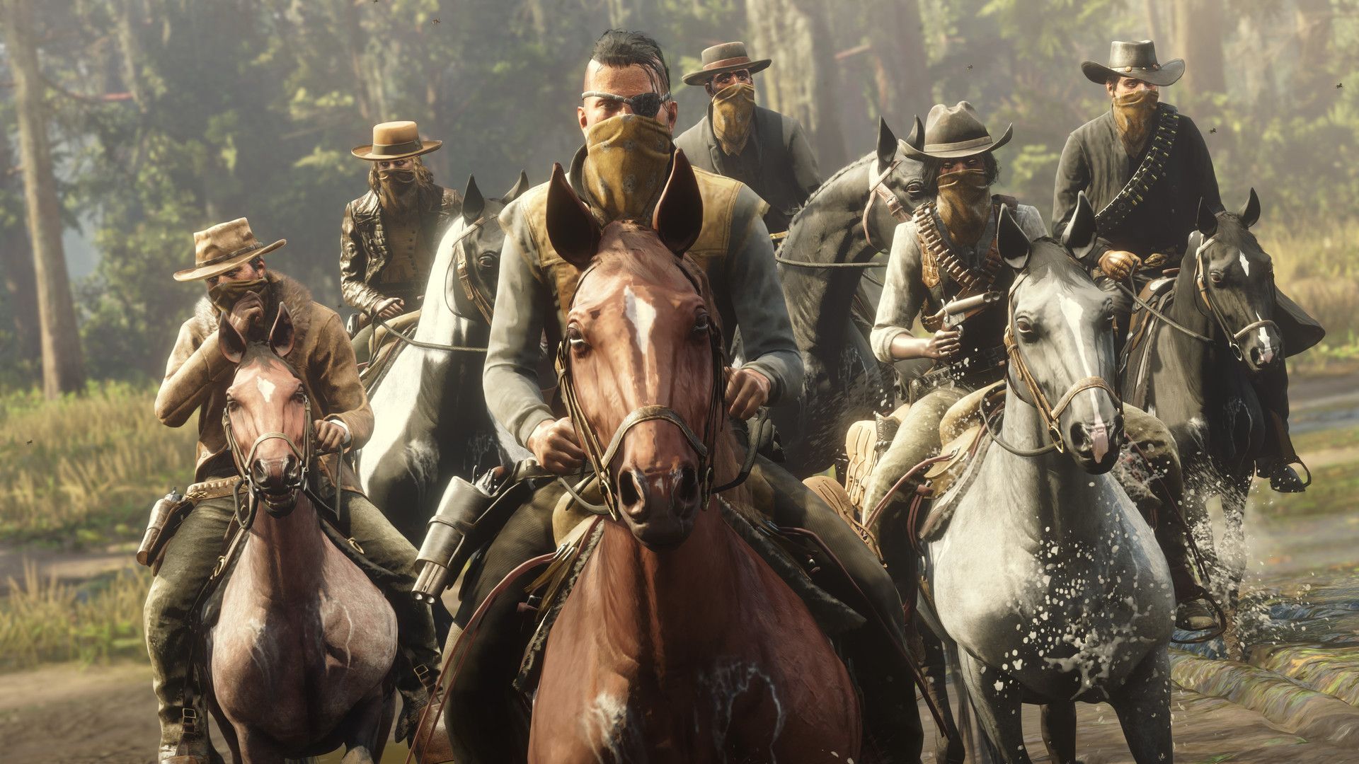 Red Dead Online characters riding on horseback toward the player