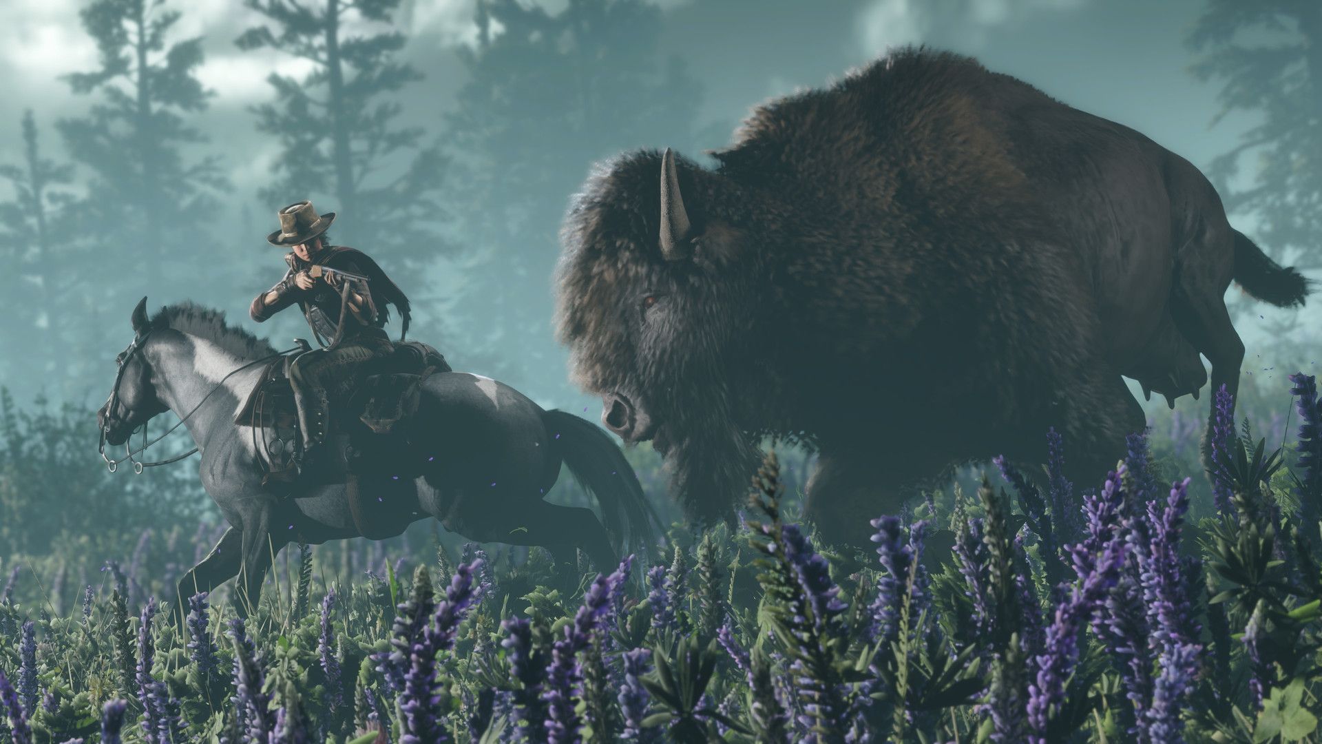 Red Dead Online player getting chased by a bison through a field of flowers