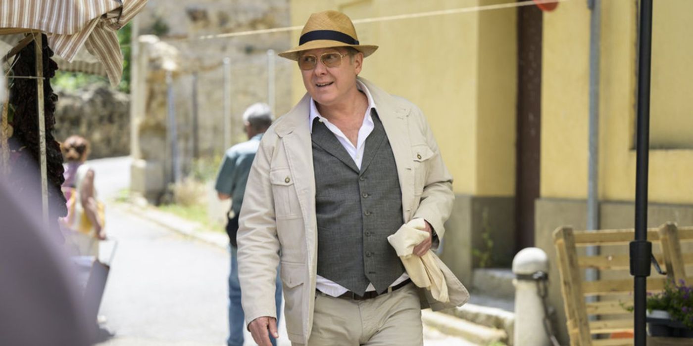 Red (James Spader) walking through a market at the end of the Blacklist series.